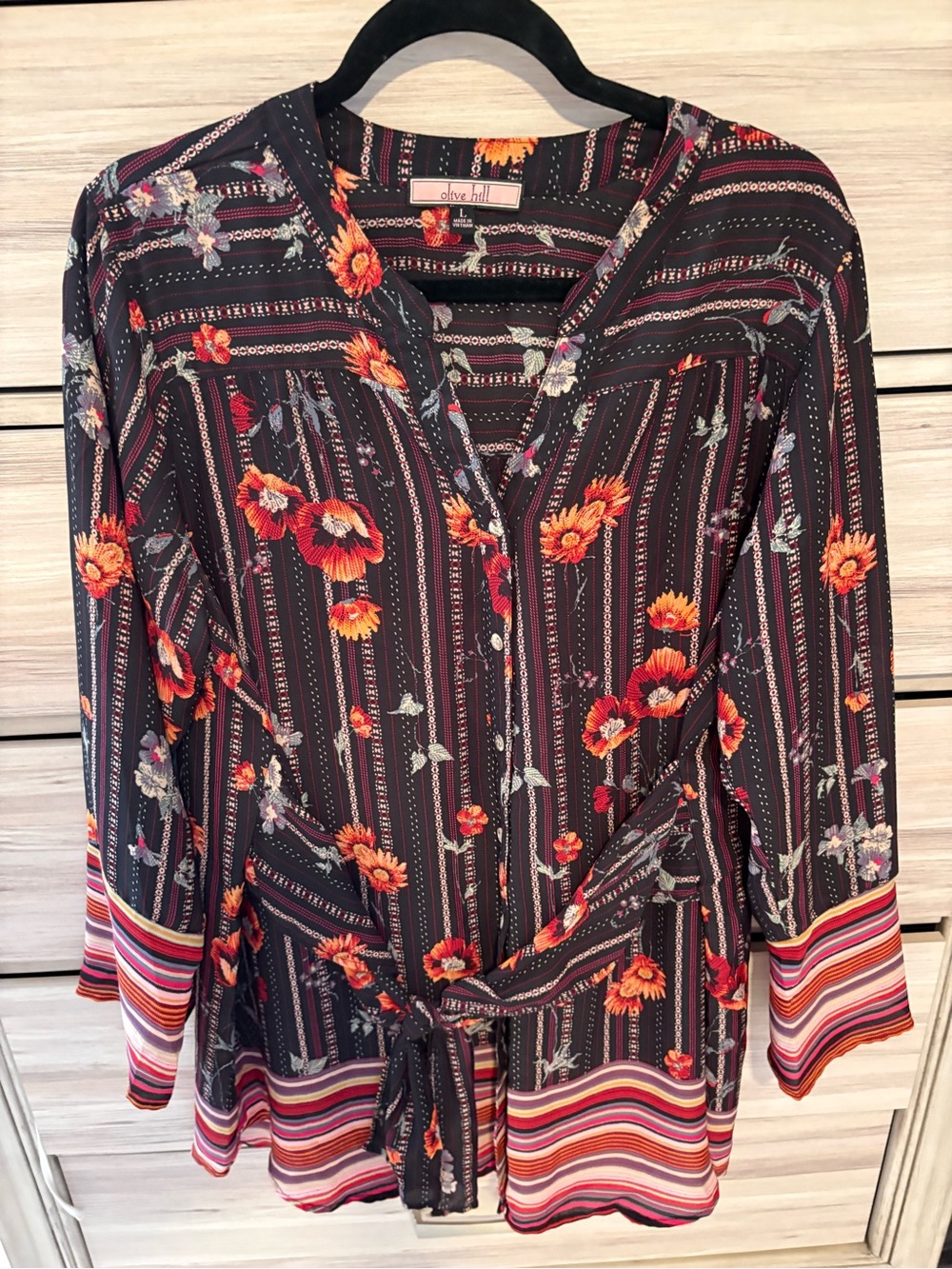 Olive Hill Black Floral Tie-Front Blouse with Strip Hem